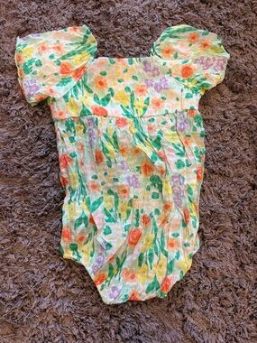 Cat & Jack Floral Puff-Sleeve Baby One-Piece in Yellow, Green & Orange